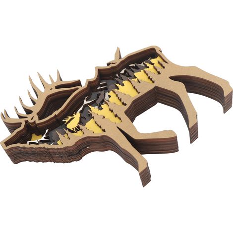 Ornement en bois sculpté 3D, buis, artisanat multicouche, animal creux, décoration de bureau pour Halloween et Pâques, orignal (1/5)