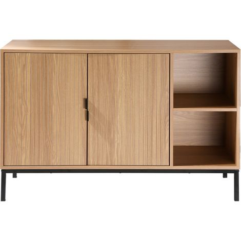 Calicosy – Buffet 2 portes 2 niches ouvertes effet bois rainuré L110 cm – Carcasse en panneaux de particules 15mm – Pieds en métal noir 18 cm (1/5)