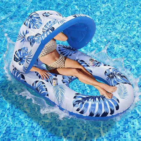 Bouée Piscine Canopée Gonflable, Hamac 140x90cm, 2 Porte-Verres Auvent anti-UV, assise filet ventilée, PVC renforcé, compacte, légère, pour piscine, plage ou farniente en solo (1/5)