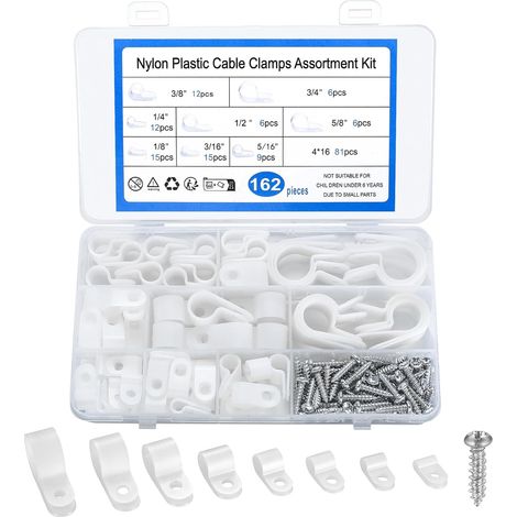 162Pièces Clips Cable deType R, Fixation Câble électrique, Clips de Gestion Clips de Gestion de Câbles, R-Type Attache de Câble Nylon Plastique, pour Câbles électriques, Serre-fils, avec Vis - Blanc (1/5)