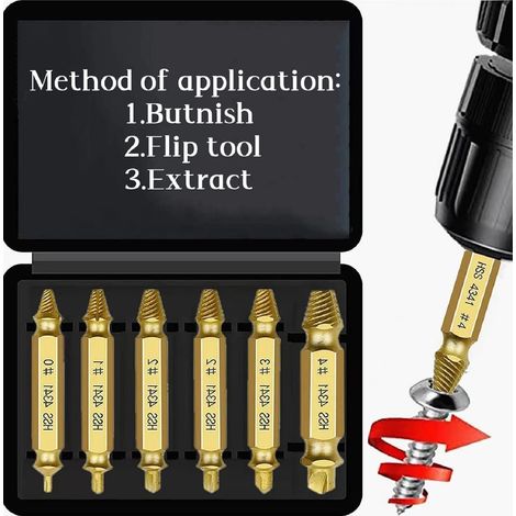 Kit d'extracteur de vis endommagées. Foret HSS inclus. Extracteur de vis endommagées. Kit compact et facile à démonter rapidement. Outils électriques faciles à démonter. (1/5)