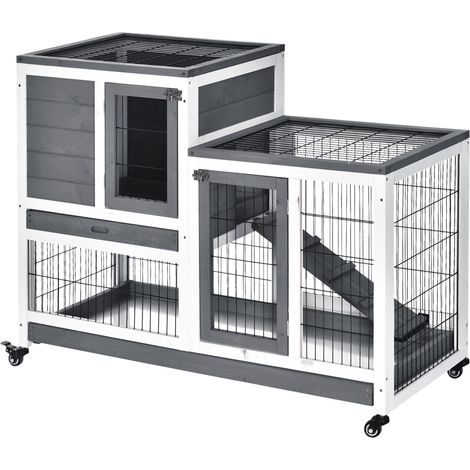PawHut Wooden Indoor Rabbit Hutch Guinea Pig House Bunny Small Animal Cage W/ Wheels Enclosed Run 110 x 50 x 88 cm, Grey (1/5)