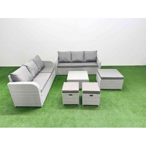 Fimous Outdoor Garden Furniture Sets 9 Seater Wicker Rattan Furniture Sofa Sets with Square Coffee Table high Back Lounge Sofa 3 Stools Light Grey (1/4)