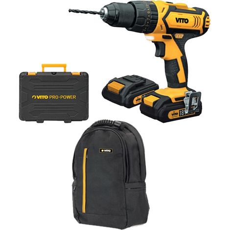 Perceuse visseuse sans fil 18V VITO + 2 Batteries Lithium 2.0 Ah +18 accessoires + Sac à dos + Mallette VITO