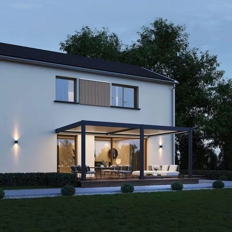 OMBREA Pergola bioclimatique motorisée adossée 6 x 4 m - aluminium anthracite et lames blanches - kit LED inclus (1/2)