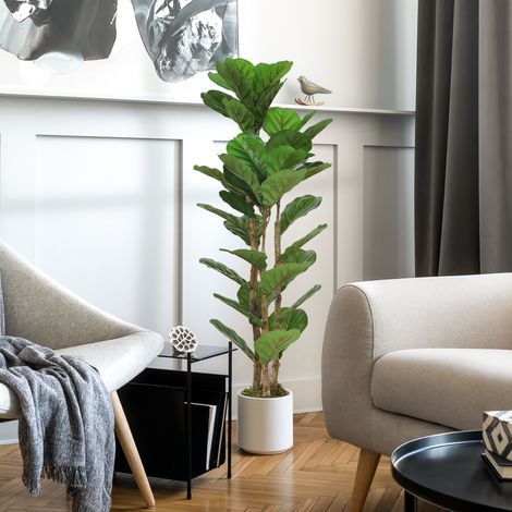 Fico artificiale a lira, 120 cm - Vaso in plastica con tronco in legno massello verde - Perfetto per un'elegante decorazione d'interni. (1/5)