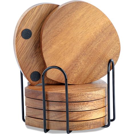 Lot de 6 sous-verres rustiques en bois d'acacia en forme de pêche avec support pour table basse, table à manger (1/5)