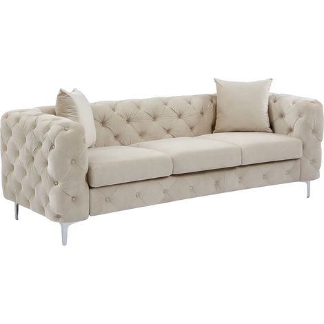 Vente-Unique – Canapé 3 places convertible chesterfield en velours beige – Capitonnage élégant – Structure bois – Confort d'assise équilibré – Dimensions 220x91x76 cm