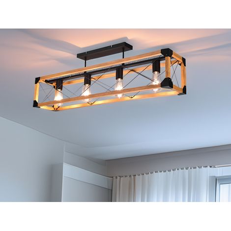 Deckenleuchte TENALI 4-flammig mit Holzbalken Metall Schwarz, Breite 100cm