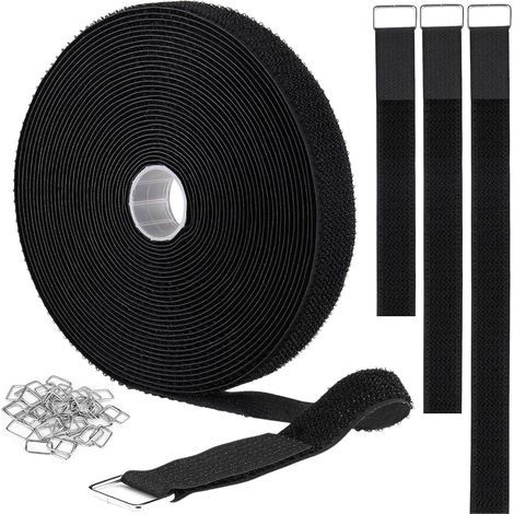 2.5CM x 5M Attache Câble Scratch, Non Adhésif Serre Câble Bande avec 25 Bouton en Métal, Attaches de Câble Réutilisables Réglables pour Ranger et Organiser Tous Les Câbles, Noir (1/5)