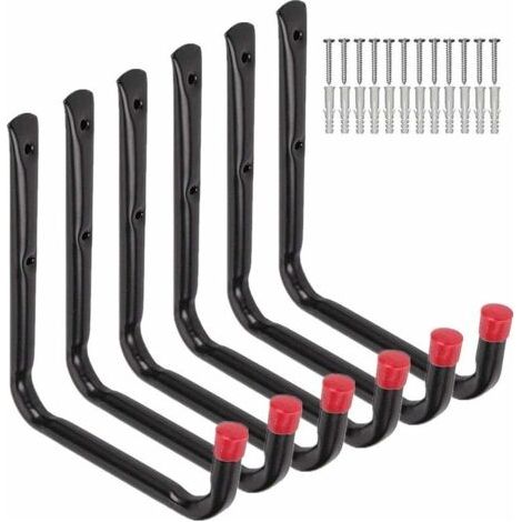Lot de 6 crochets de rangement robustes pour garage, 20 cm, support mural pour tuyau d'arrosage, chaise pliante et vélo (1/4)