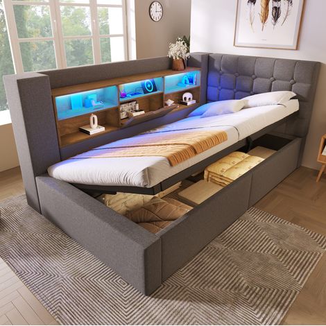 Cama tapizada 90 x 190 cm con almacenaje, LED, USB-A y USB-C, gris HAVRYA (1/5)