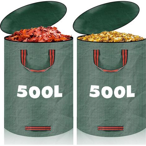 2 x 500L Green Waste Garden Sacks, Garden Bag with Lid and 4 Handles, Durable, Foldable and Reusable Garden Waste Bag for Leaves Waste (1/5)