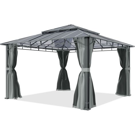 TOOLPORT Pavillon de jardin 4x4 m cadre alu, toit polycarbonate 8 mm, gris - avec parois latérales et moustiquaires (1/5)