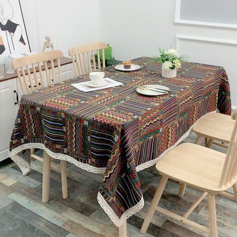 Nappe Rectangulaire 150x180cm, Nappe en Polyester Lavable Style Ethnique avec Dentelle Aspect Lin Nappe Anti Tache pour Salle à Manger (1/5)