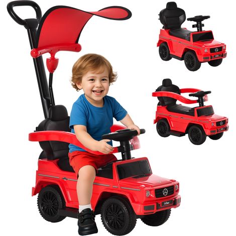 Macchina cavalcabile per bambini, completamente equipaggiata, 12-36 mesi, con clacson, poggiapiedi, barre di sicurezza e parasole, rossa