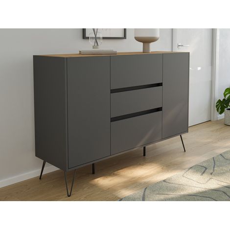 Sideboard Kommode Daro 140cm Greifraum 3 SoftClose 2 Türen Grafit/Eiche Top (1/5)