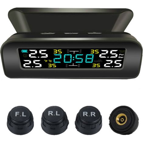Systeme universel de surveillance de la pression des pneus sans fil TPMS, horloge a energie solaire, ecran LCD, 4 capteurs externes, capteurs de pression des pneus (1/5)