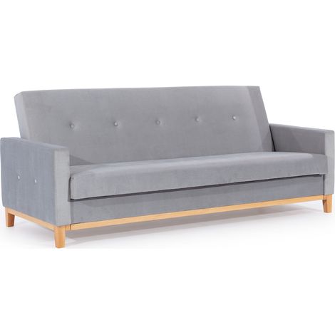 Canapé lit 3 places tissu gris clair et pieds en bois de hêtre Saline 216cm (1/5)