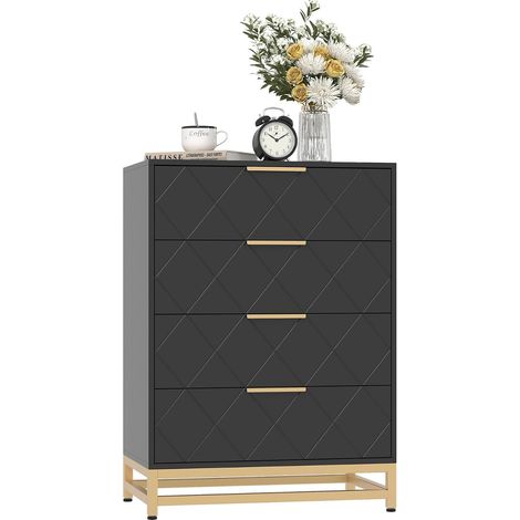 Commode haute noire 4 tiroirs poignées dorées pour chambre et dressing (1/5)