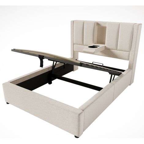 CAIziLit rembourré 90x200 cm, lit simple avec porte-gobelet caché et station de charge, lit hydraulique avec rangement sous le lit, avec sommier à lattes, lin beige (sans matelas) (1/5)