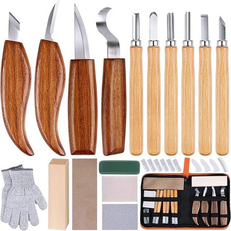 Kit de 17 ciseaux à bois – Outils de sculpture en alliage chrome vanadium – Poignées en noyer noir – Sac de rangement inclus