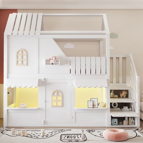 Kinderetagenbett 253x95.5x214 cm, Hausform mit LED Beleuchtung, Stauraumleiter, Holz, Weiß (1/5)