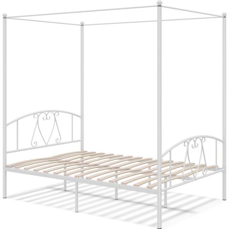 COSTWAY Double Size Metal Canopy Bed Frame 4-Poster Modern Platform Wooden Slat Support White