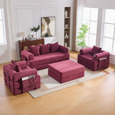 Sofá modular de 4 plazas en pana rojo vino con puf, estructura metálica y bolsillo lateral,200x190x67 cm (1/5)