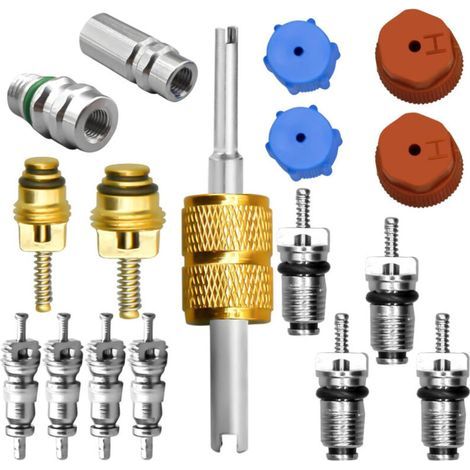 Kit de noyau de valve de climatisation, y compris système de réfrigération A/C R134a noyau de valve AC Service Port bouchon d'étanchéité outil de retrait de noyau de valve A/C vannes de service (1/4)