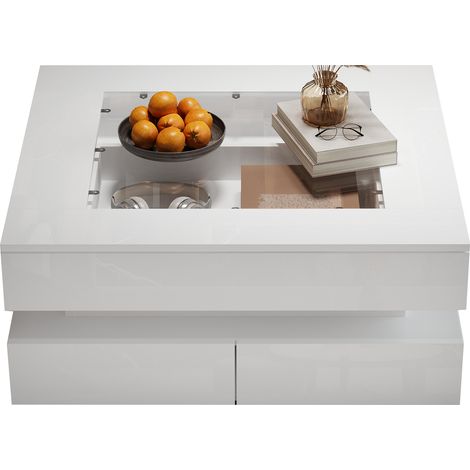 Table Basse Carrée Blanche avec LED, Plateau en Verre Trempé, Table de Salon 3 Tiroirs, Finition Brillante, 70x70x35 cm (1/5)