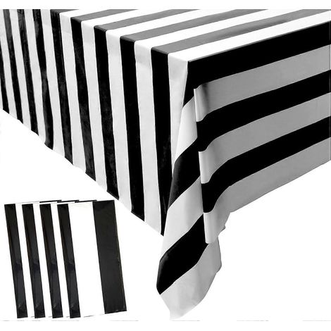 [KK] Lot de 4 nappes à rayures noires et blanches en plastique imperméable, rectangulaires, pour décoration de fêtes, pique-niques et autres occasions.