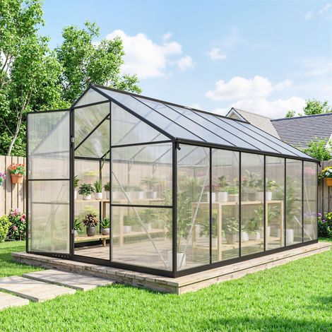 Serre de jardin en aluminium polycarbonate, serre avec fenêtres supérieures réglables 363x247x205cm noir (1/5)