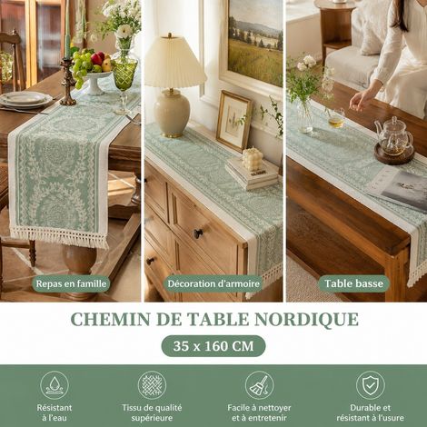 Chemin de Table Nordique Vert Floral 35 x 160 cm Polyester Impermeable Grande Table (1/4)