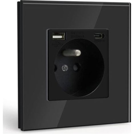 Prise murale en verre avec port USB Type-C 2.1A, 16A 250V, charge rapide pour smartphone et tablette (1/5)