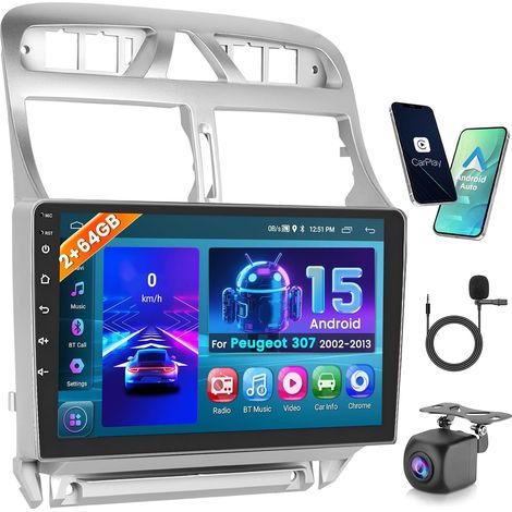 2+64GB Android 15 Autoradio Carplay Android Auto sans Fil pour 307 2002-2013 Radio Poste Radio Voiture Écran Tactile 9 Pouces Bluetooth Stéréo WiFi GPS FM RDS EQ+ Caméra de Recula (1/5)