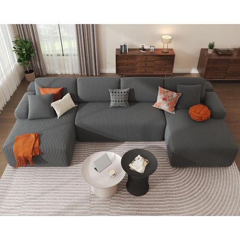 Modulares U-Sofa aus Cord mit tiefer Sitzfläche, Schlafsofa mit Memory-Schaum, Grau (1/5)