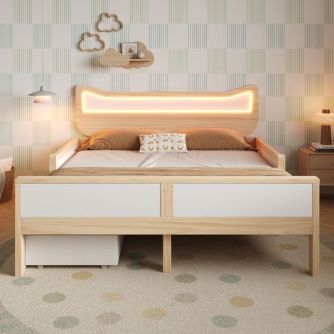 Lit coffre enfant 140x200cm avec tête lit oreilles de chat éclairage LED tiroir rangement montable gauche droite barrières sécurité, bois blanc chêne