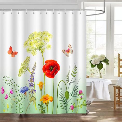 Duschvorhang mit Frühlingsblumenmuster, 180 x 180 cm, Schmetterlings- und Gartenblumenmotiv, aus schimmelresistentem Polyester