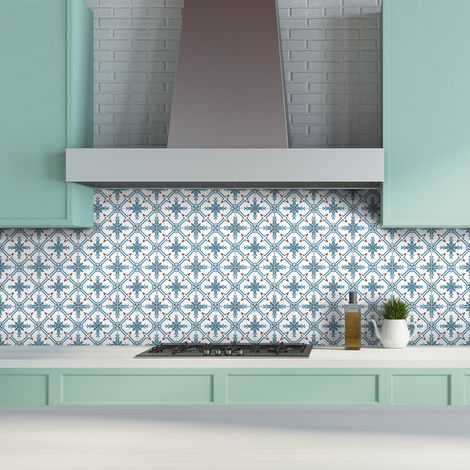 Sticker Mural Carrelage adhésif Cuisine Salle de Bain - 24 STICKERS CARREAUX DE CIMENT AZULEJOS JULIETA - 24stickers10x10cm (1/5)
