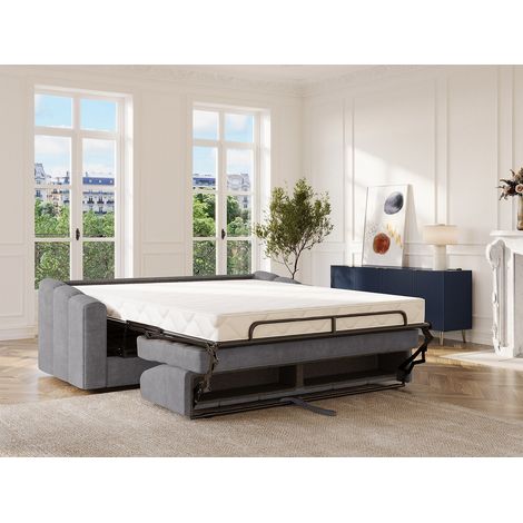 Canapé 4 places convertible express en tissu texturé gris - Couchage 160 cm - Matelas 22 cm avec mémoire de forme - DARIELO (1/4)