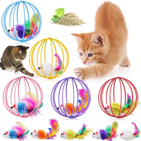 Lot de 5 pièces - Balle à ressort pour chat - Balle extensible à rouler - Jouets pour chat - Souris en peluche réaliste - Jouet spiralé coloré, amusant et interactif - Souris en cage - Cage en métal - (1/5)