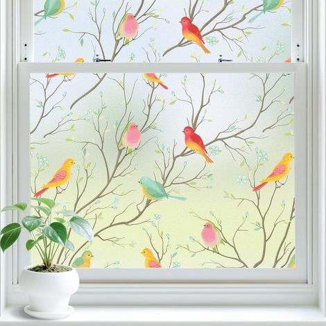 Film pour vitres effet vitrail, film opaque pour préserver l'intimité : film adhésif décoratif coloré pour vitres, occultant, à adhérence statique, motif d'oiseaux (44,5 x 200 cm) (1/5)