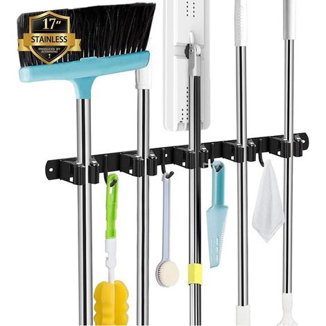 Mopphalter, Wandbesenhalter, 5 Halterungen, 4 Haken, bohrfreie Wandbesenhalterung, silberfarben. (1/5)