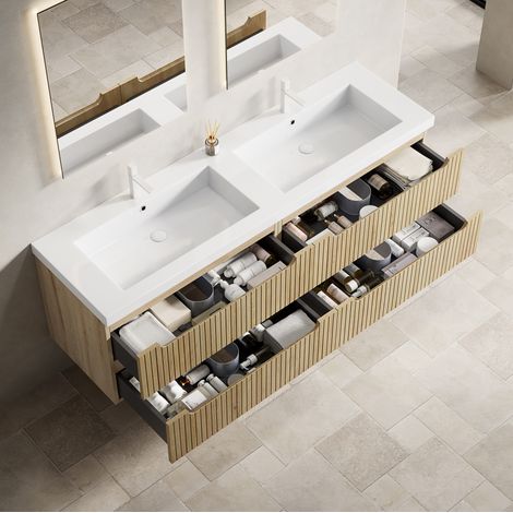 Mueble de baño suspendido 160 cm con doble lavabo integrado en piedra artificial y 4 cajones (1/5)