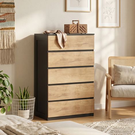 Commode en bois à 5 tiroirs avec poignées rainurées, 60 x 39 x 100 cm, noir et chêne (1/5)