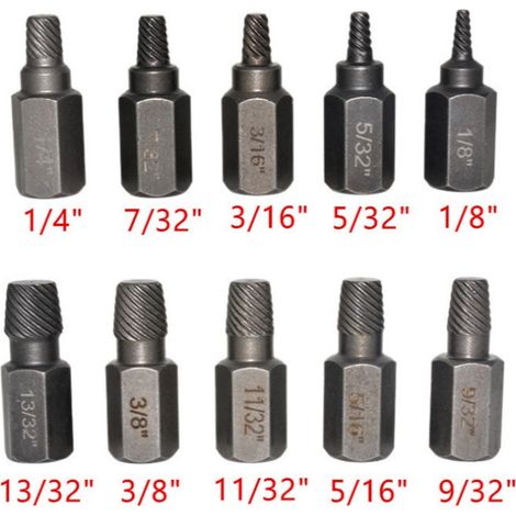 10-piece set of hexagonal shank imperial screw extractor for broken, stripped, and obscured screws and bolts. (1/3)