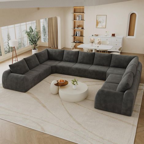 Divano angolare panoramico a U, ampio divano modulare per soggiorno senza montaggio, schiuma ad alta resilienza e tessuto in ciniglia, 411 cm, 9 posti, Grigio scuro (1/5)