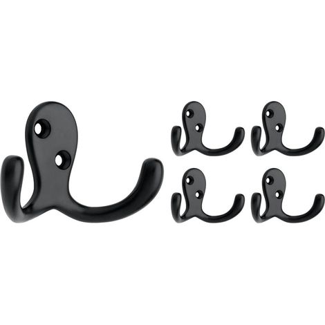 Juego de 5 ganchos de pared dobles de 2 puntas, de color negro, para colgar ropa, carteras, bolsos, toallas, etc. (1/4)