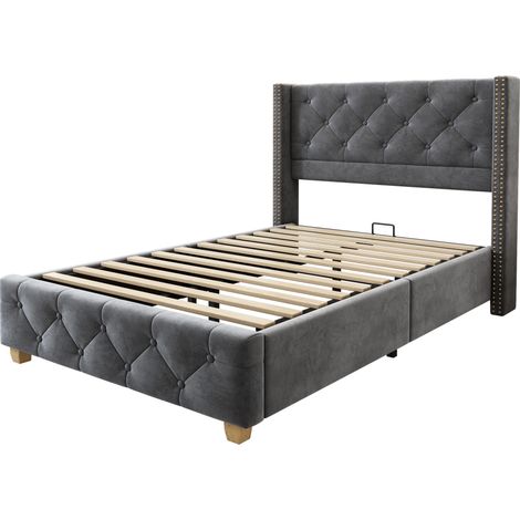 Lit rembourré 90x200 cm en velours gris avec sommier à lattes et tête de lit, pieds en bois sans matelas (1/5)